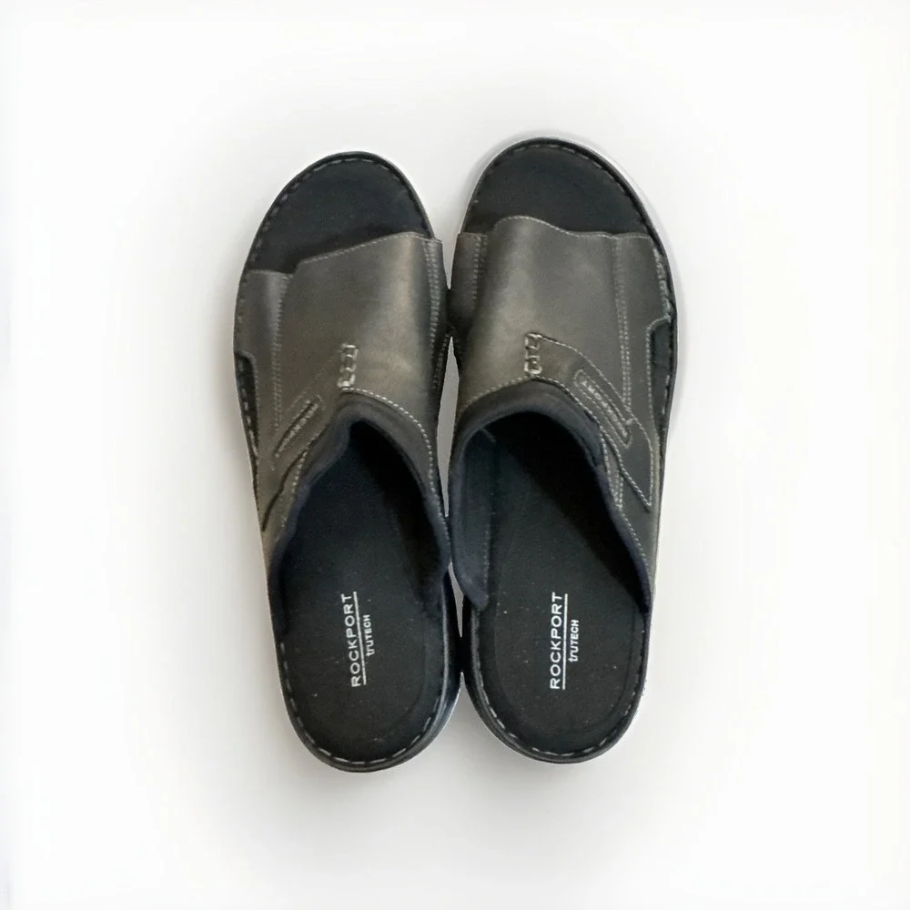Rockport Darwyn Slide Men's Leather Slip-On Sandals Cushioned Black 14W